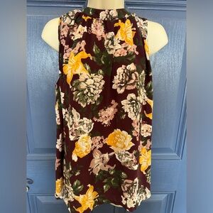 ANN TAYLOR LOFT Size Large Maroon Floral Blouse Top Sleeveless with Tie Back
